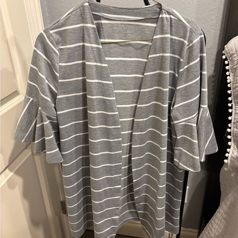 Gray Striped Women's Top with Ruffle Sleeves